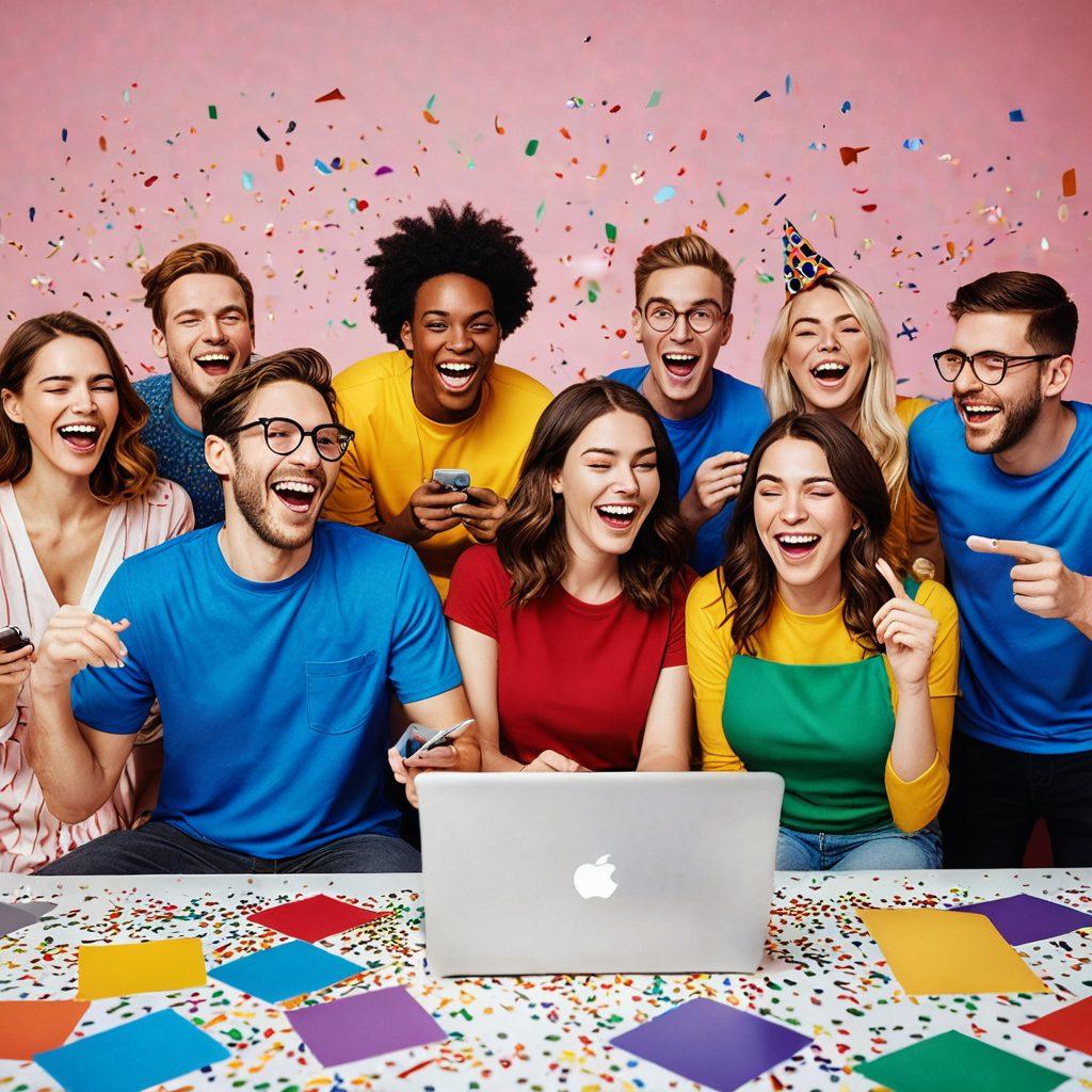 A vibrant scene showcasing adults engaging in various playful activities online, surrounded by playful icons like confetti, colorful gadgets, and virtual party elements. Capture a joyful and energetic atmosphere, with diverse individuals laughing and sharing experiences through their devices. Emphasize a sense of fun, connection, and adventure. super-realistic. colorful. dynamic composition.