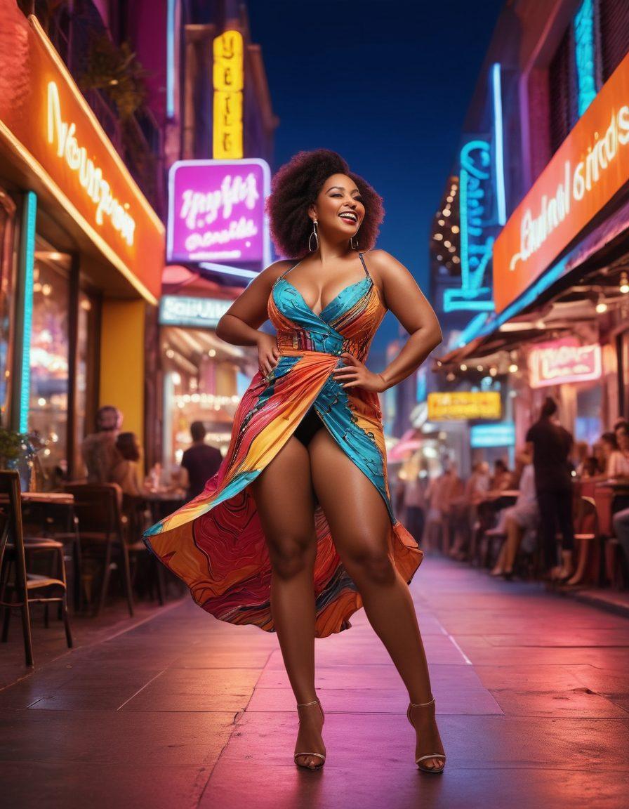 A vibrant, dynamic scene showcasing a confident, curvy woman radiating joy and excitement in a stylish outfit, surrounded by an array of colorful entertainment elements like dance, music, and laughter. The background features an inviting nightlife aesthetic, with twinkling lights and energetic patterns that evoke a sense of youthful exuberance. This image should celebrate maturity with a playful twist, inviting viewers to embrace their vibrant spirit and enjoy the fun side of life. super-realistic. vibrant colors. lively atmosphere.